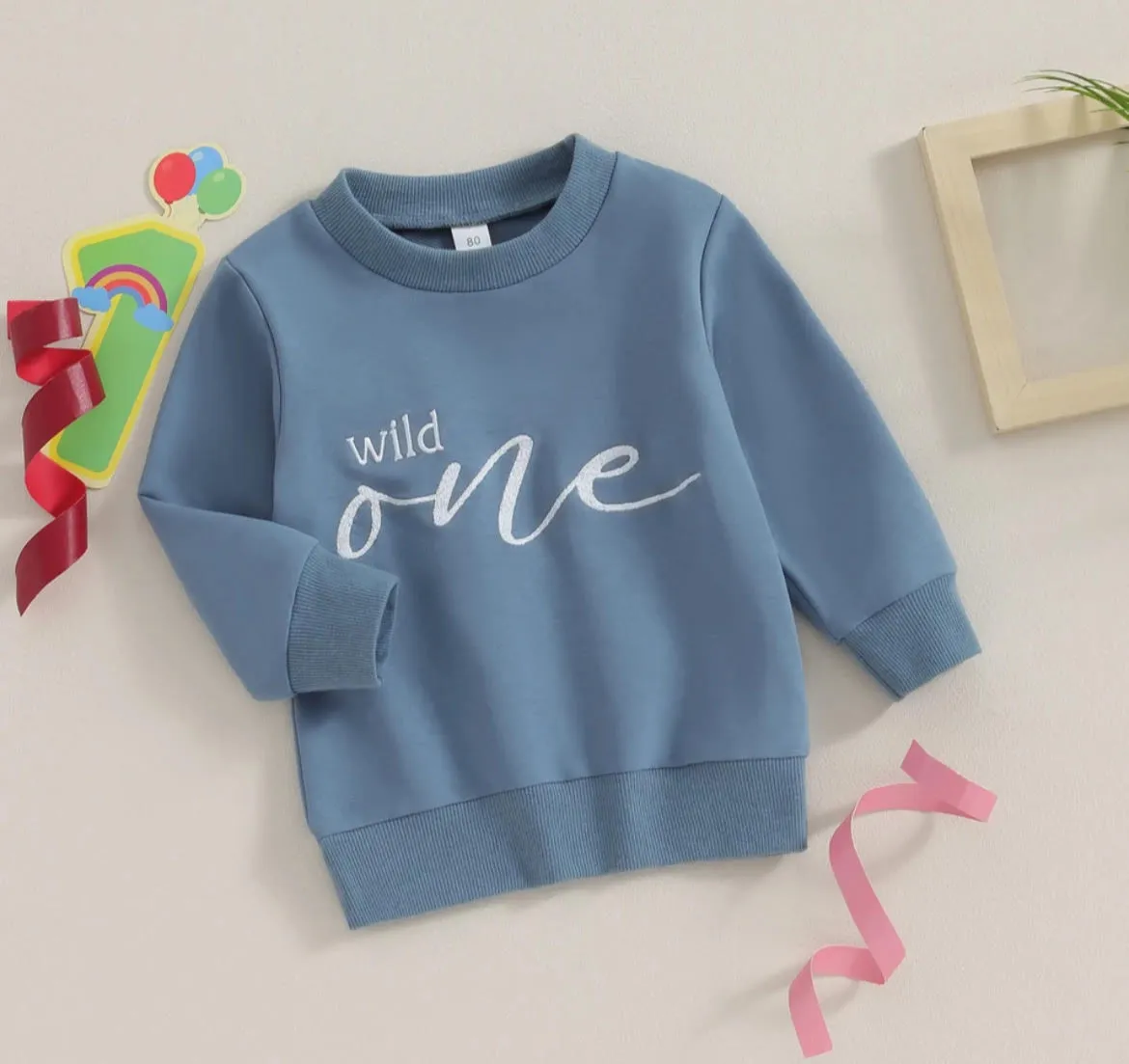 $12.50 EA - 12-24M X 1 -- Wild One Kids Blue Crew Neck Sweater, Perfect 1st Birthday Gift, Wild Child Sweater, Baby Sweatshirt Party Outfit