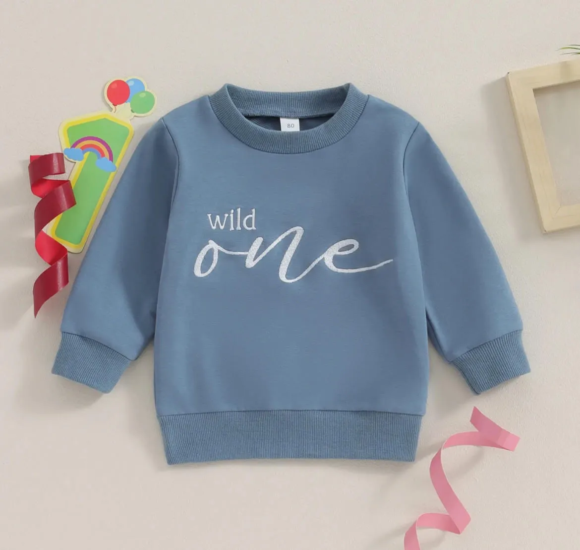 $12.50 EA - 12-24M X 1 -- Wild One Kids Blue Crew Neck Sweater, Perfect 1st Birthday Gift, Wild Child Sweater, Baby Sweatshirt Party Outfit