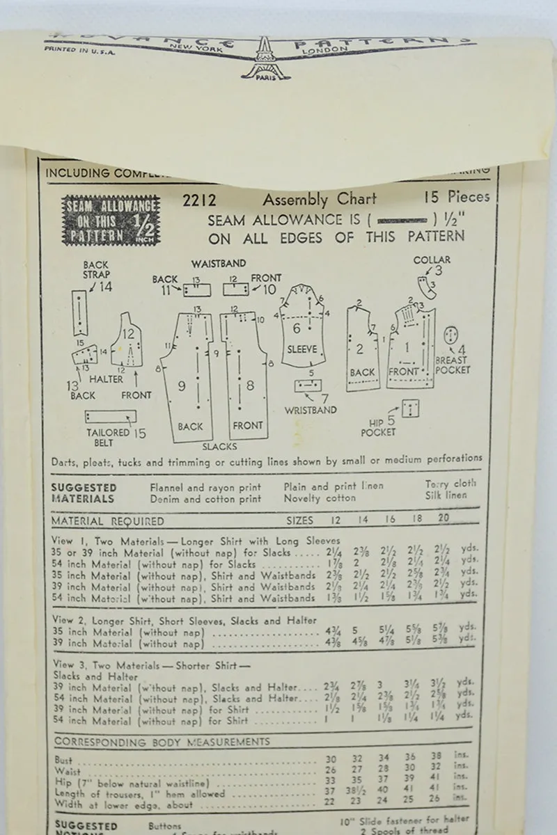 1940s Advance 2212 High Waist Pants & Blouse Top Pajama Sewing Pattern