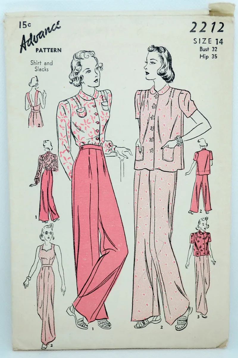 1940s Advance 2212 High Waist Pants & Blouse Top Pajama Sewing Pattern