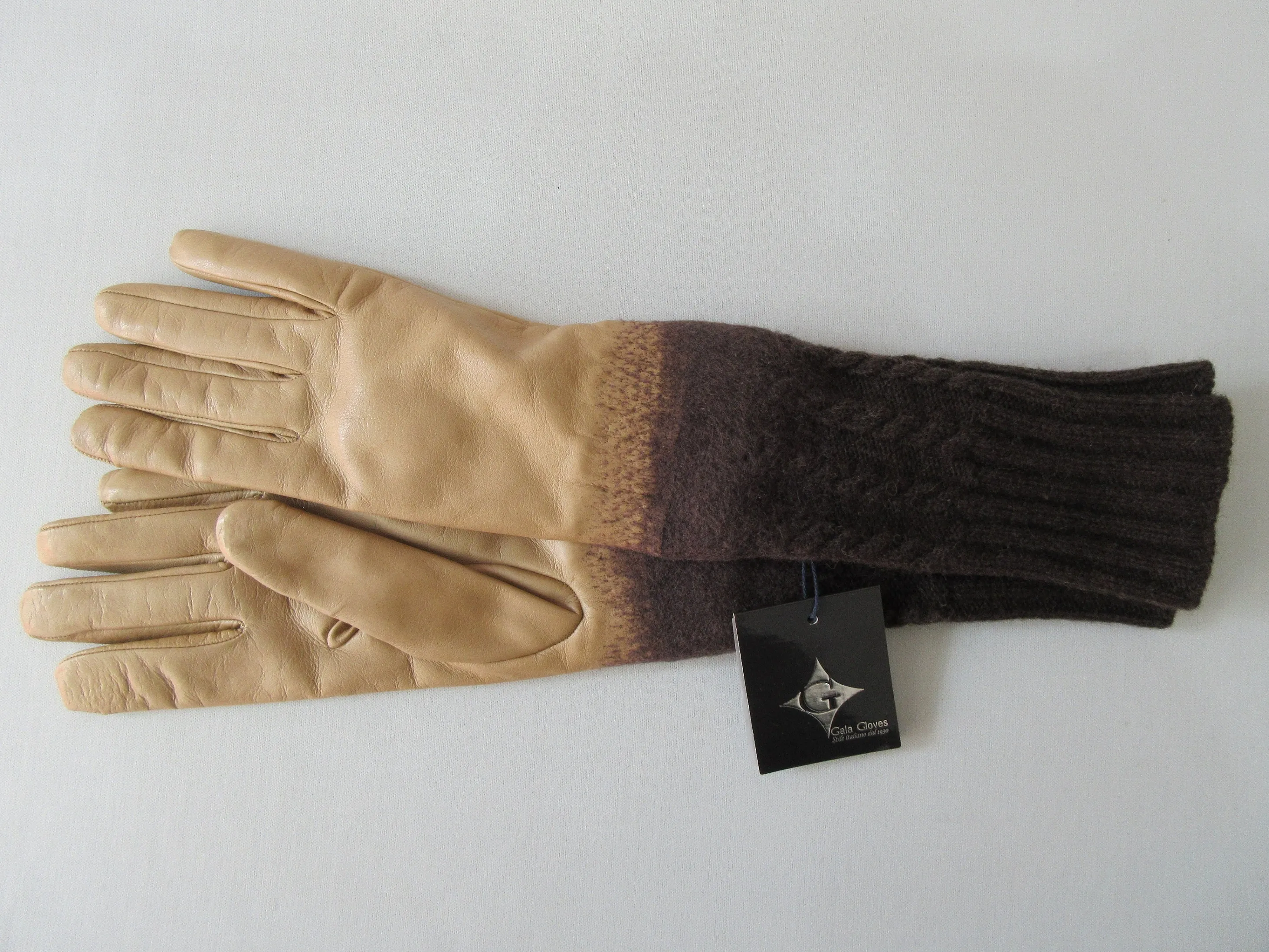 20G02 -Gala Gloves Brown Knit into Beige Leather Long Glove