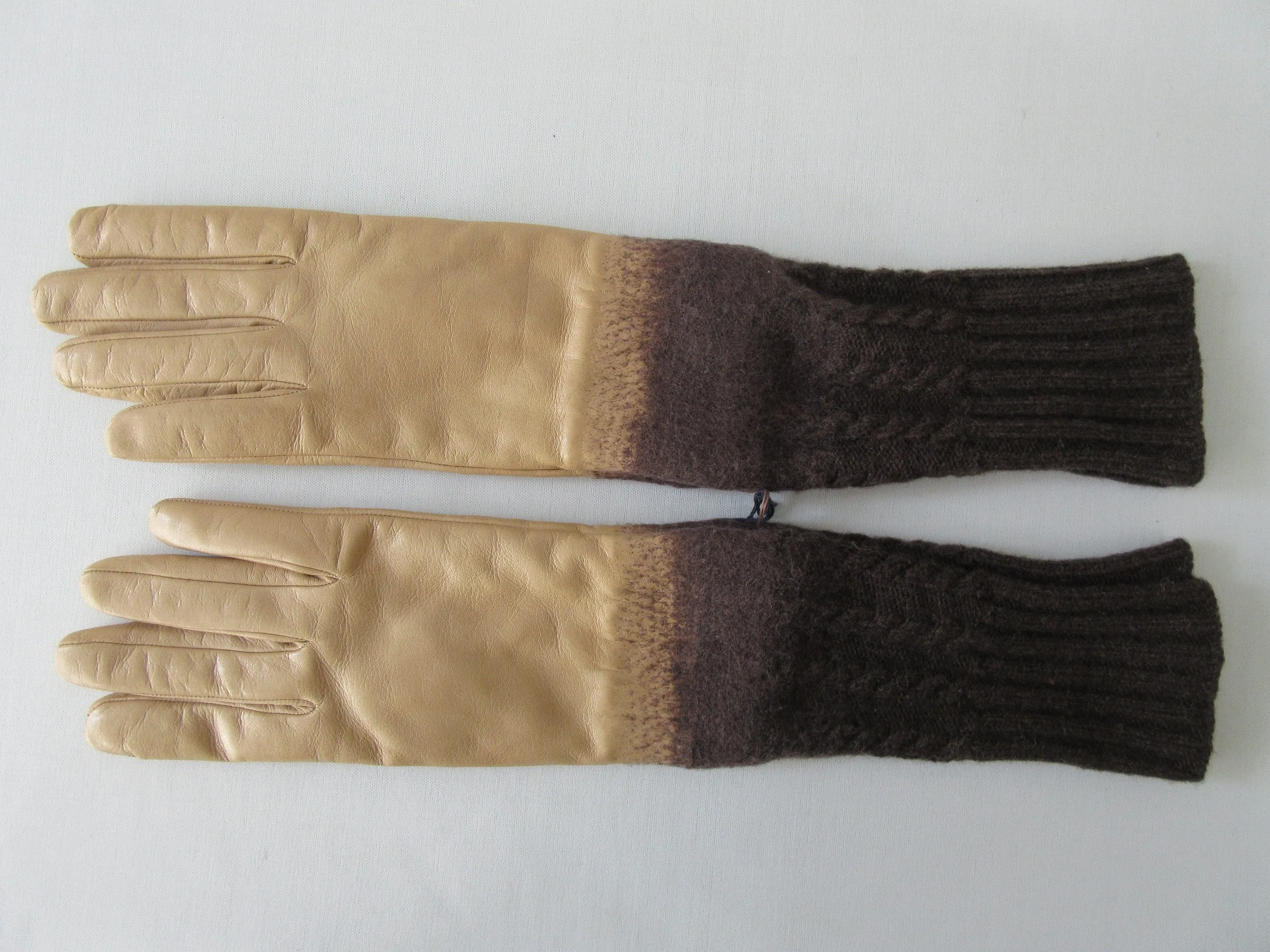 20G02 -Gala Gloves Brown Knit into Beige Leather Long Glove