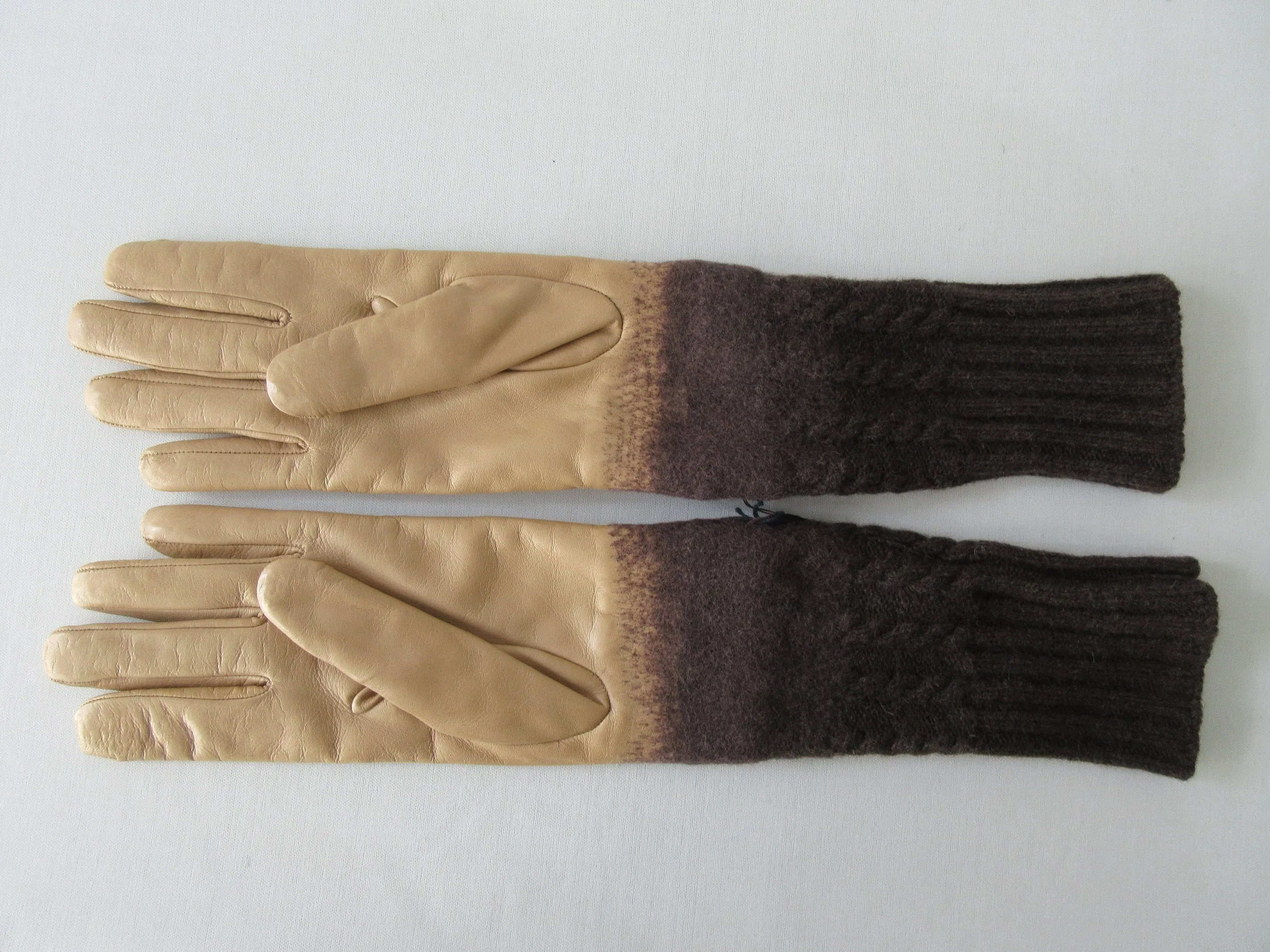 20G02 -Gala Gloves Brown Knit into Beige Leather Long Glove