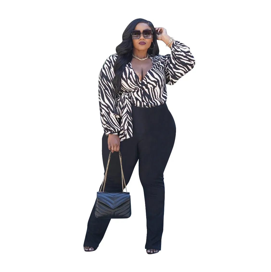 2pcs Plus Size Wholesale Women Sets Zebra Stripe Top   High Waist Pants