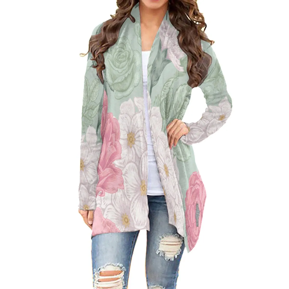 All-Over Print Women's Cardigan With Long Sleeve26 sage, green flower, print