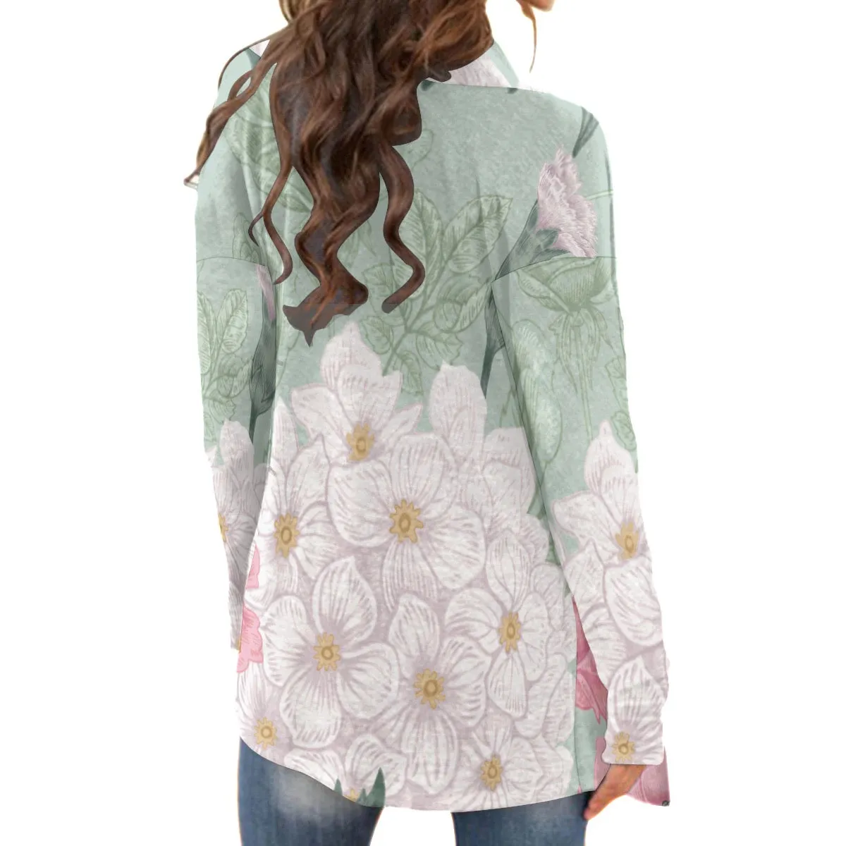 All-Over Print Women's Cardigan With Long Sleeve26 sage, green flower, print