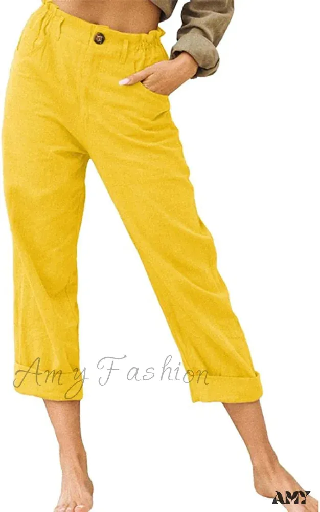 Amy Fashion - Linen Buttons Cropped Pants High Elastic Waist Stretch Capris