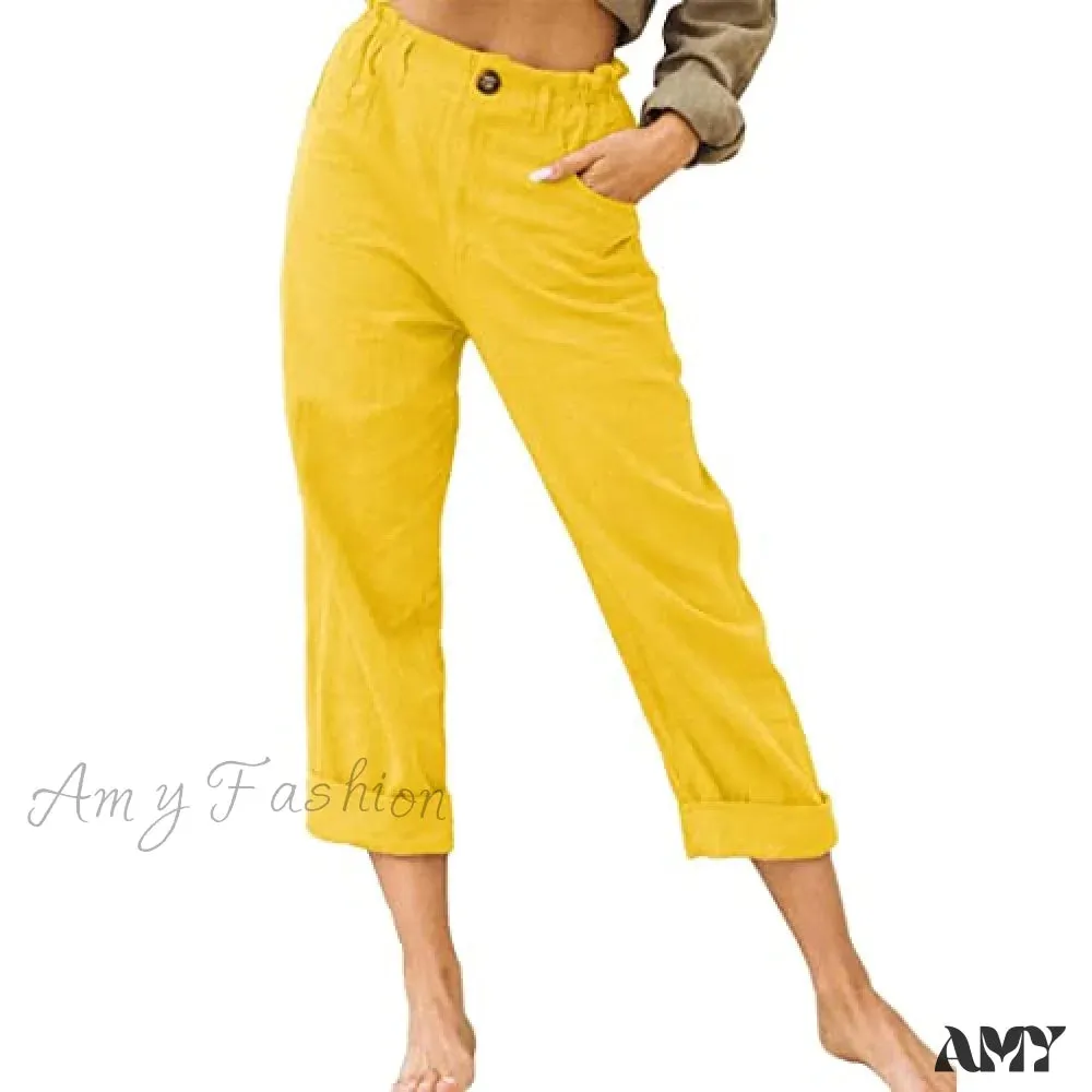 Amy Fashion - Linen Buttons Cropped Pants High Elastic Waist Stretch Capris