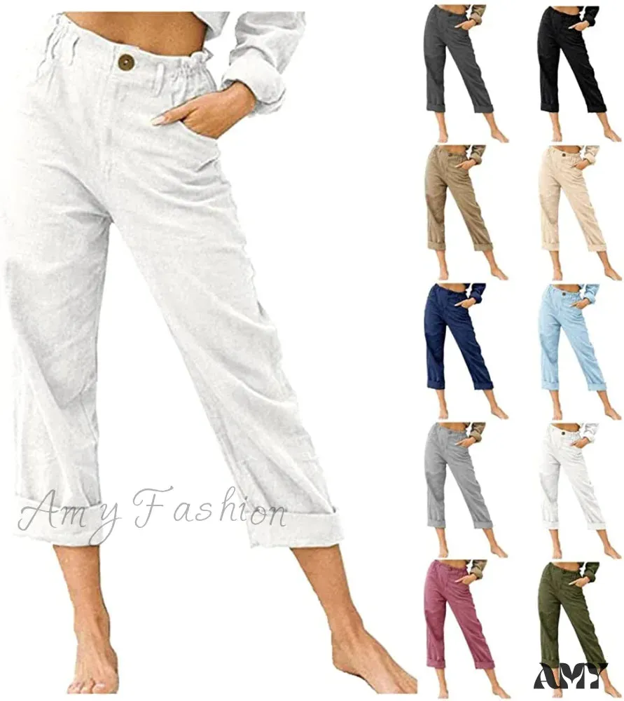 Amy Fashion - Linen Buttons Cropped Pants High Elastic Waist Stretch Capris