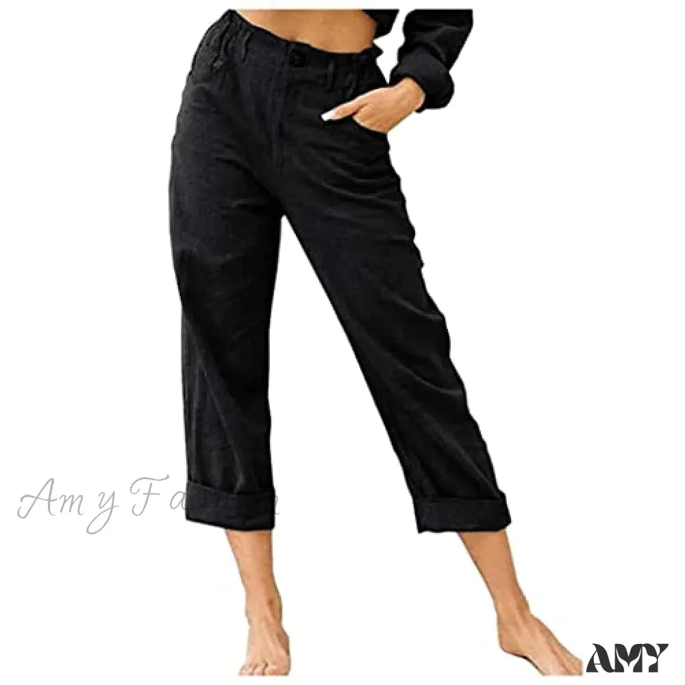 Amy Fashion - Linen Buttons Cropped Pants High Elastic Waist Stretch Capris