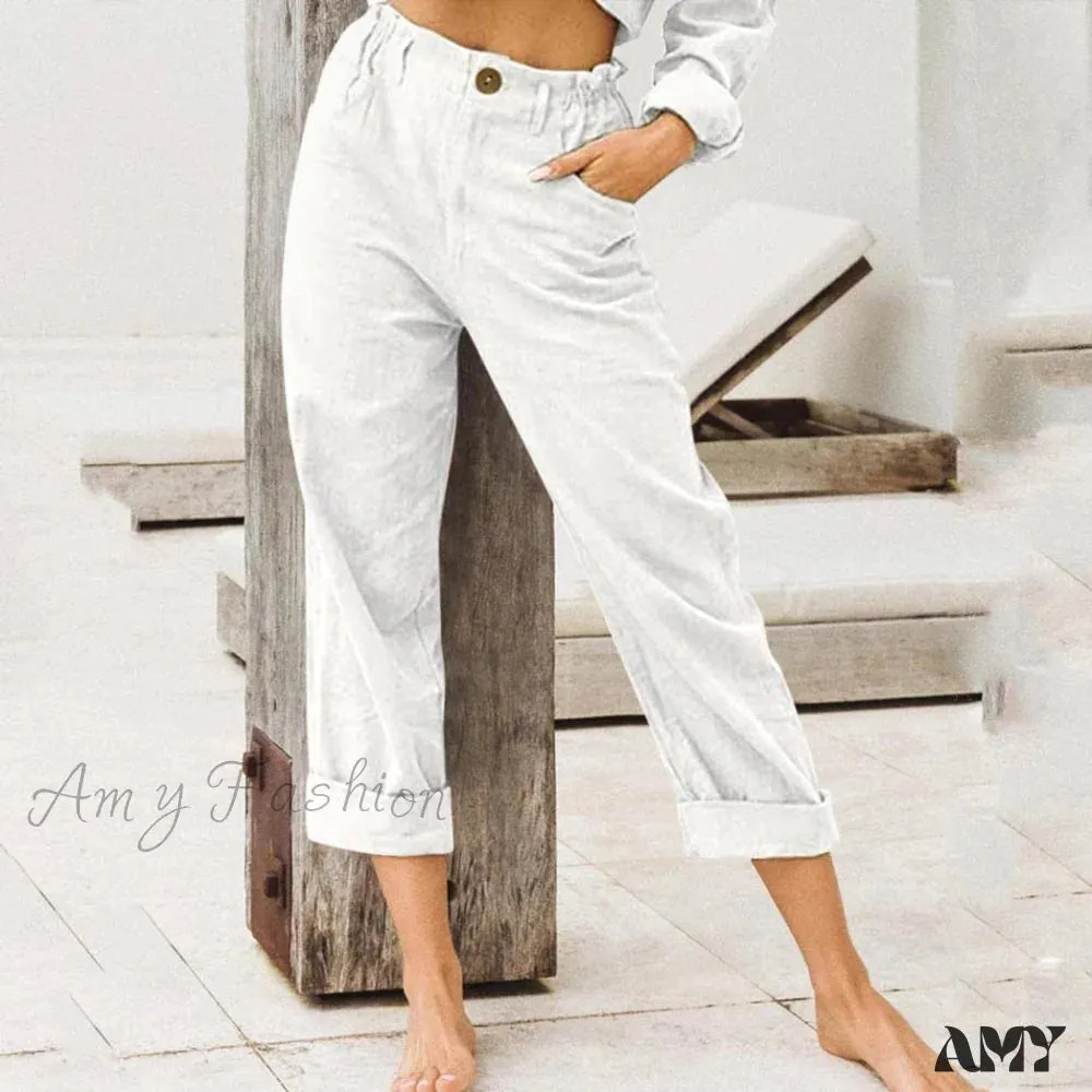 Amy Fashion - Linen Buttons Cropped Pants High Elastic Waist Stretch Capris