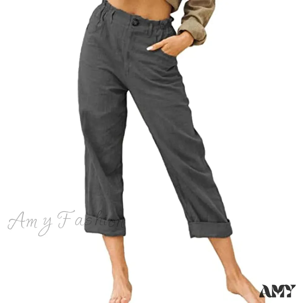 Amy Fashion - Linen Buttons Cropped Pants High Elastic Waist Stretch Capris