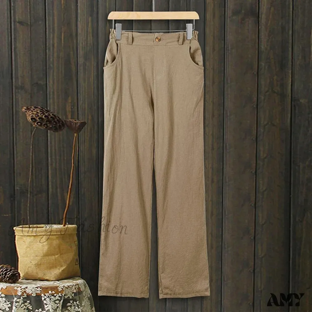 Amy Fashion - Linen Buttons Cropped Pants High Elastic Waist Stretch Capris