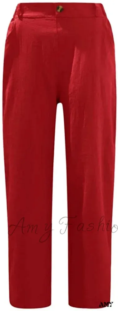 Amy Fashion - Linen Buttons Cropped Pants High Elastic Waist Stretch Capris