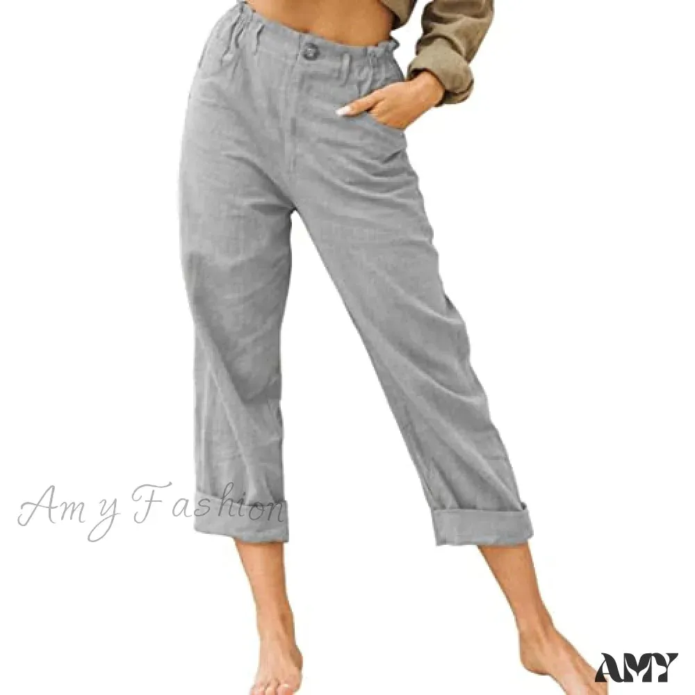 Amy Fashion - Linen Buttons Cropped Pants High Elastic Waist Stretch Capris