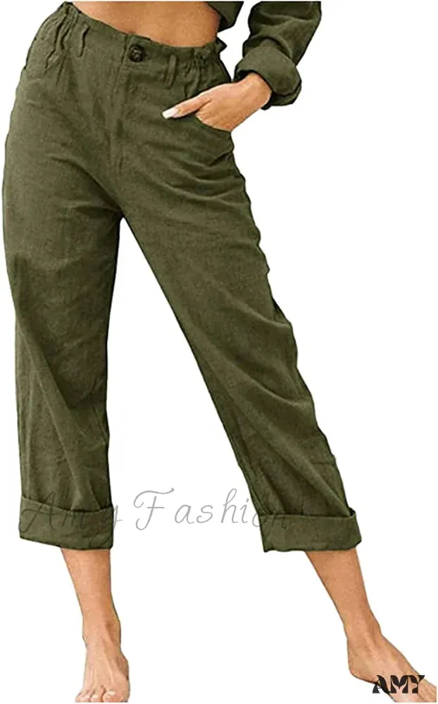 Amy Fashion - Linen Buttons Cropped Pants High Elastic Waist Stretch Capris