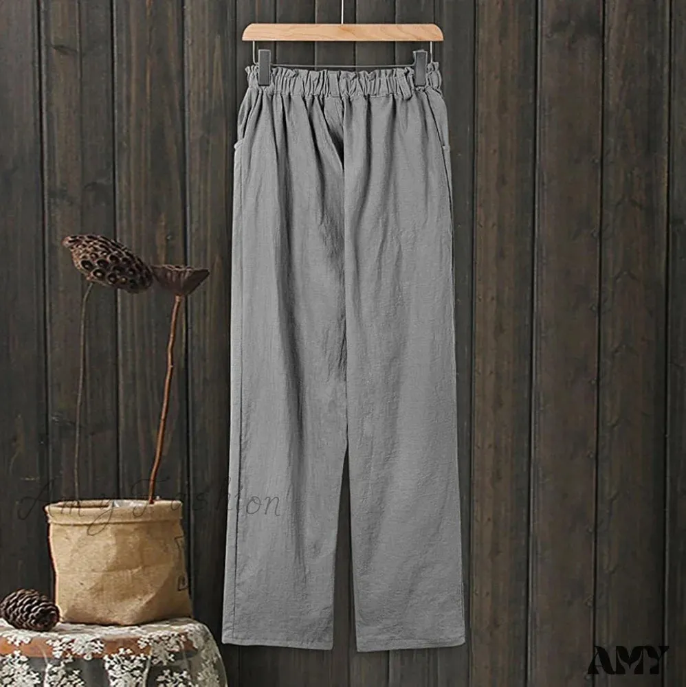 Amy Fashion - Linen Buttons Cropped Pants High Elastic Waist Stretch Capris