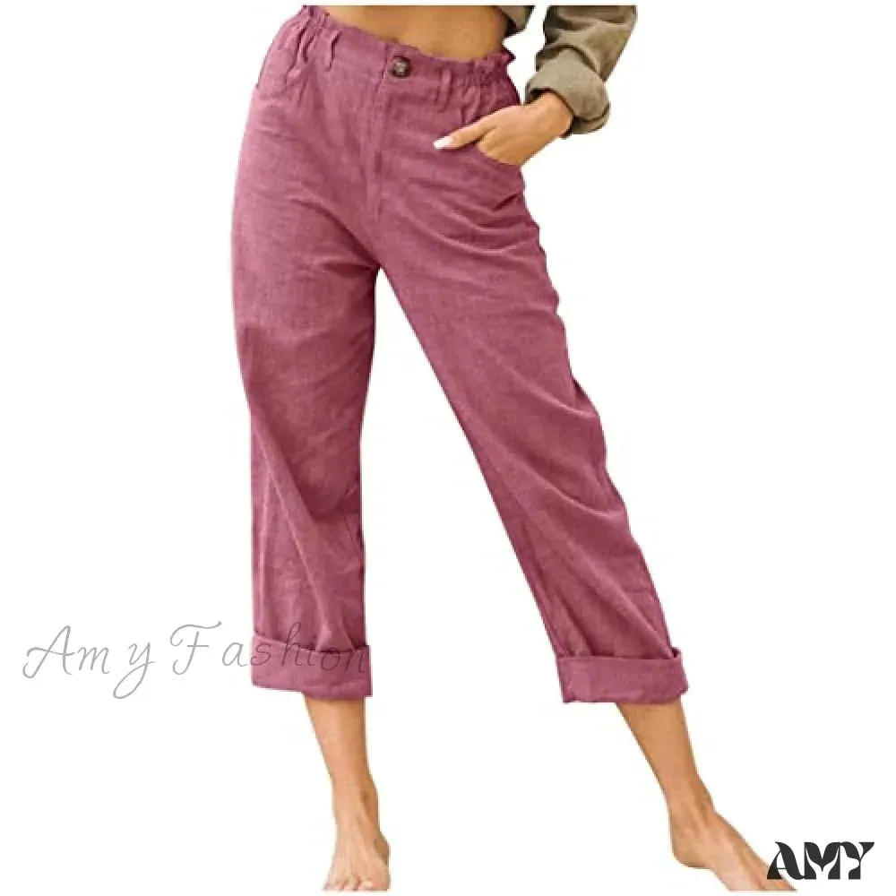 Amy Fashion - Linen Buttons Cropped Pants High Elastic Waist Stretch Capris