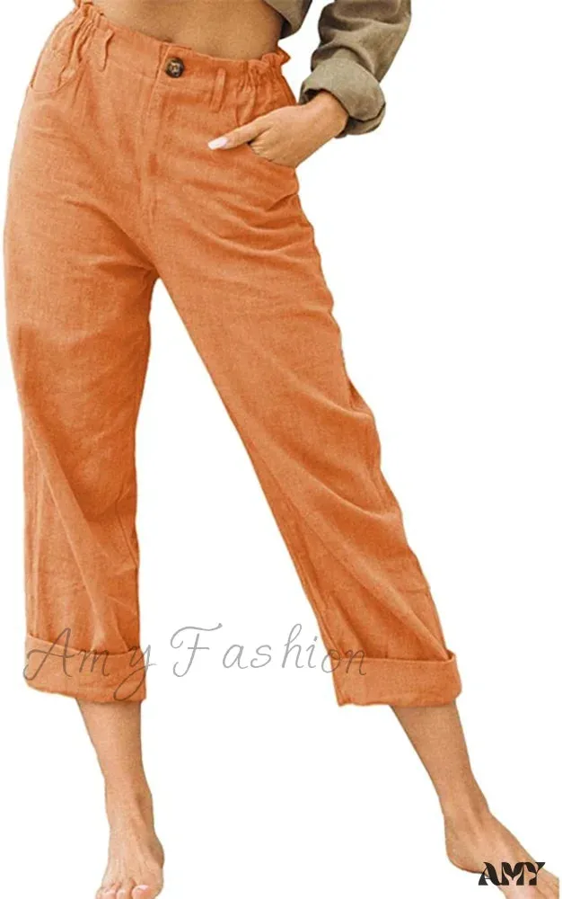 Amy Fashion - Linen Buttons Cropped Pants High Elastic Waist Stretch Capris