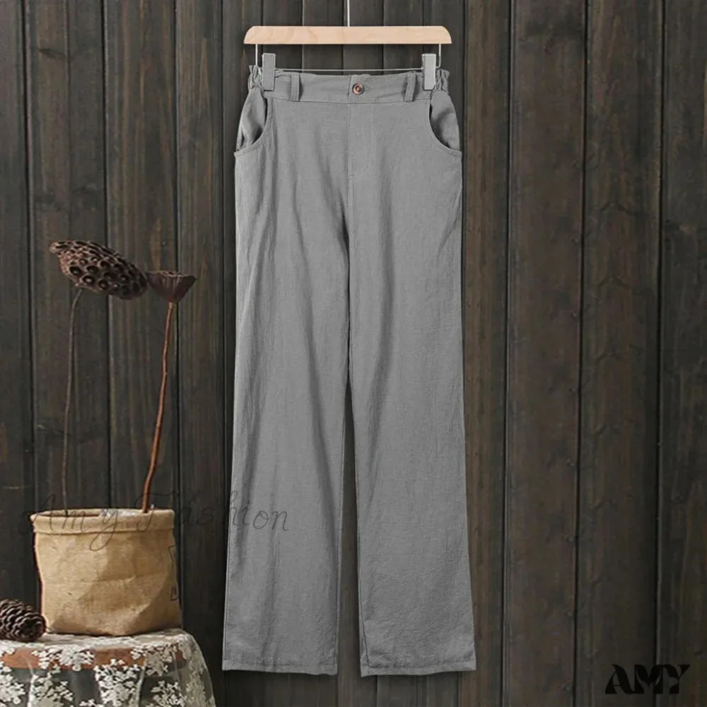 Amy Fashion - Linen Buttons Cropped Pants High Elastic Waist Stretch Capris