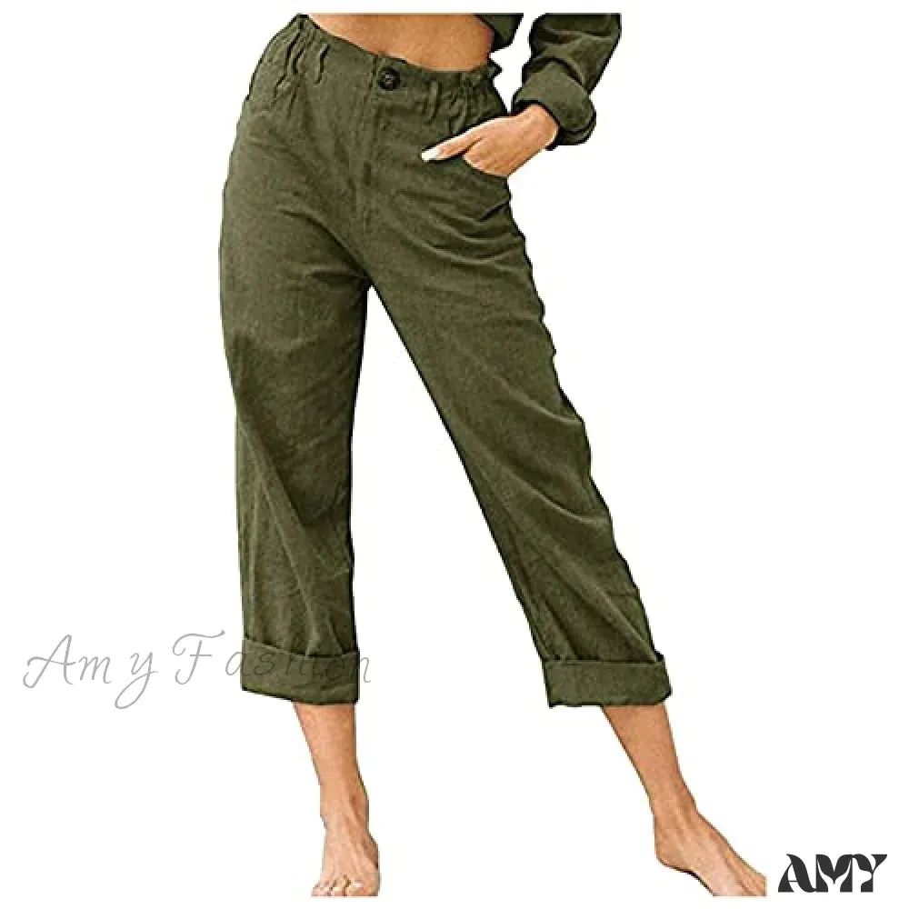 Amy Fashion - Linen Buttons Cropped Pants High Elastic Waist Stretch Capris