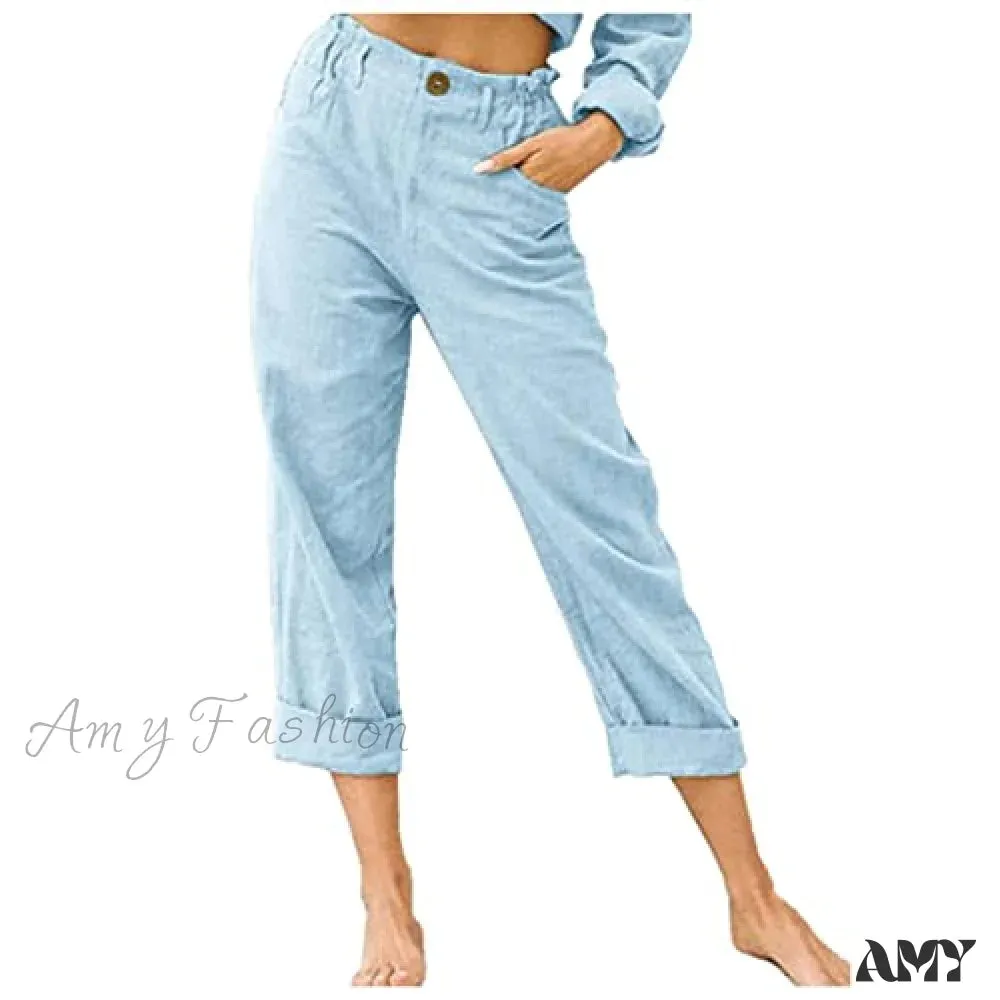 Amy Fashion - Linen Buttons Cropped Pants High Elastic Waist Stretch Capris