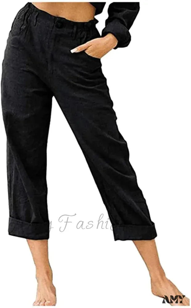 Amy Fashion - Linen Buttons Cropped Pants High Elastic Waist Stretch Capris