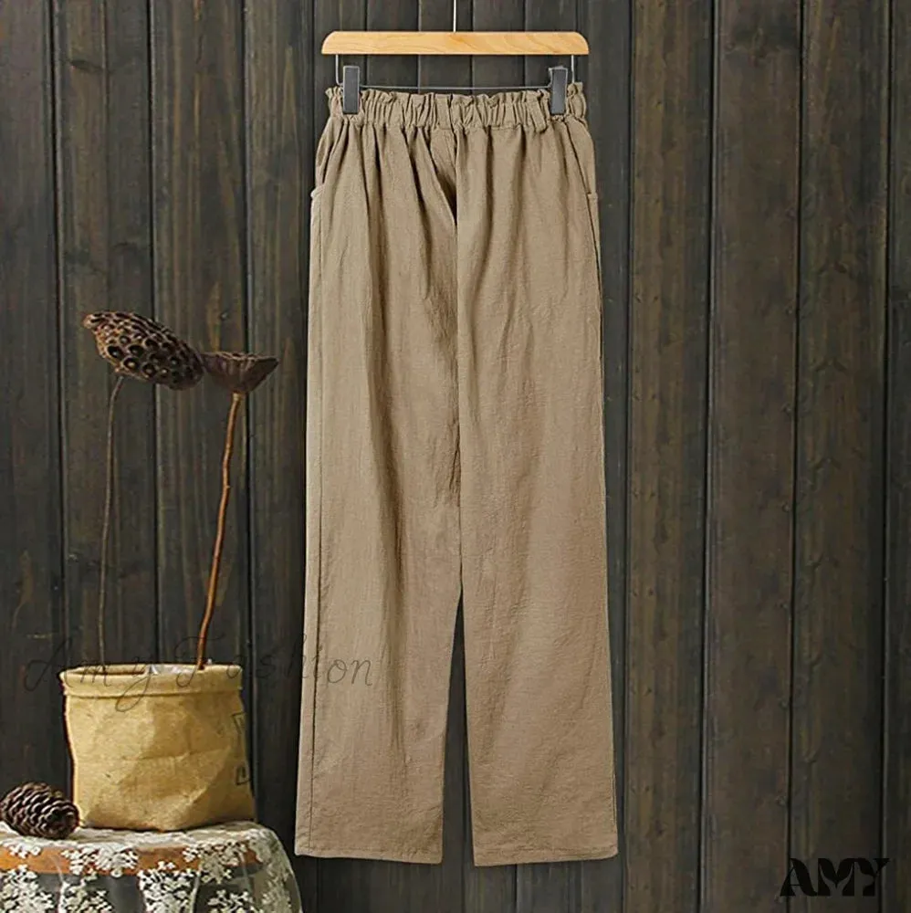 Amy Fashion - Linen Buttons Cropped Pants High Elastic Waist Stretch Capris