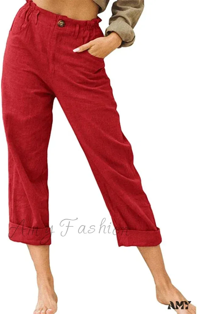 Amy Fashion - Linen Buttons Cropped Pants High Elastic Waist Stretch Capris