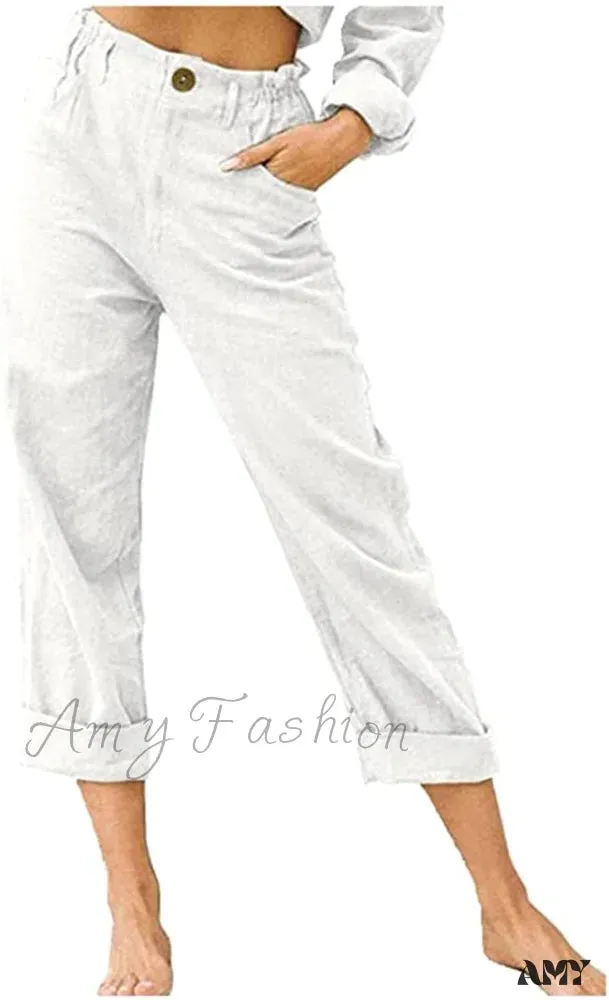 Amy Fashion - Linen Buttons Cropped Pants High Elastic Waist Stretch Capris