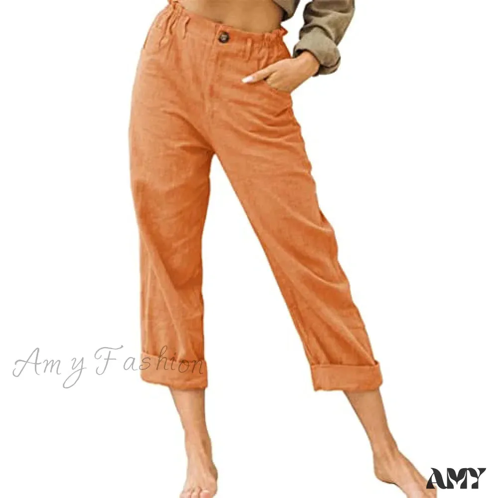 Amy Fashion - Linen Buttons Cropped Pants High Elastic Waist Stretch Capris