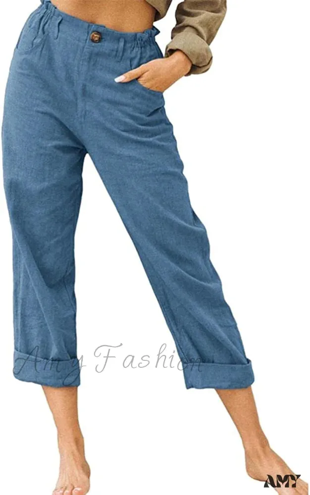 Amy Fashion - Linen Buttons Cropped Pants High Elastic Waist Stretch Capris