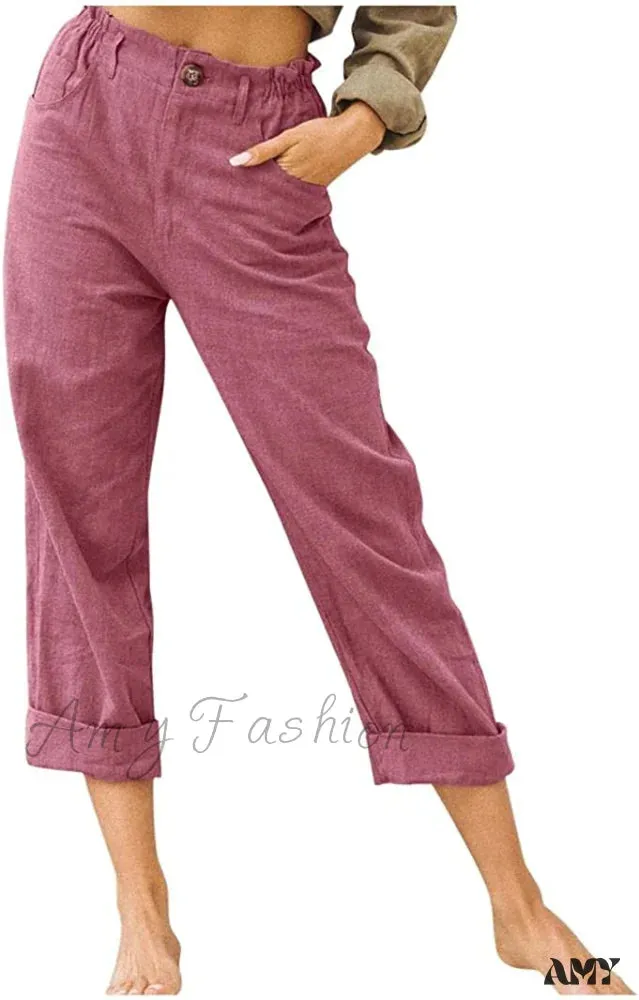 Amy Fashion - Linen Buttons Cropped Pants High Elastic Waist Stretch Capris