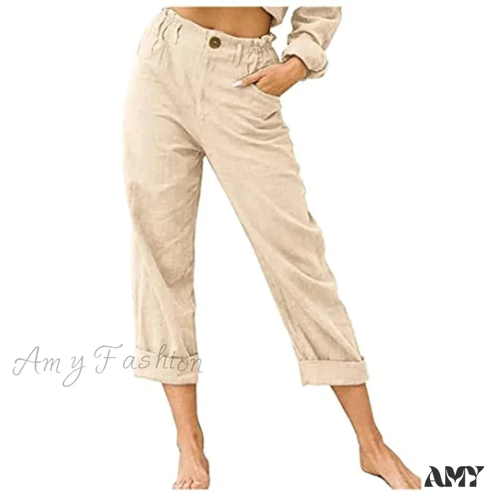 Amy Fashion - Linen Buttons Cropped Pants High Elastic Waist Stretch Capris