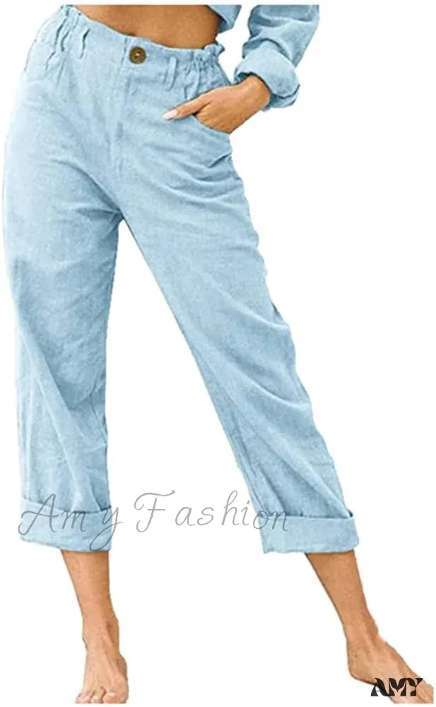 Amy Fashion - Linen Buttons Cropped Pants High Elastic Waist Stretch Capris