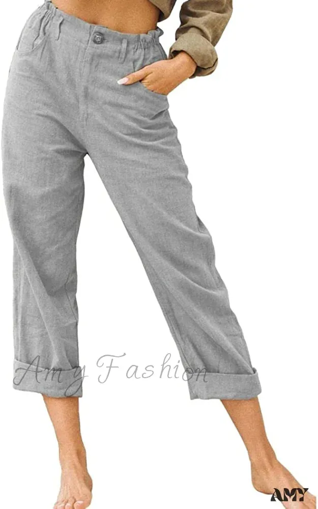 Amy Fashion - Linen Buttons Cropped Pants High Elastic Waist Stretch Capris