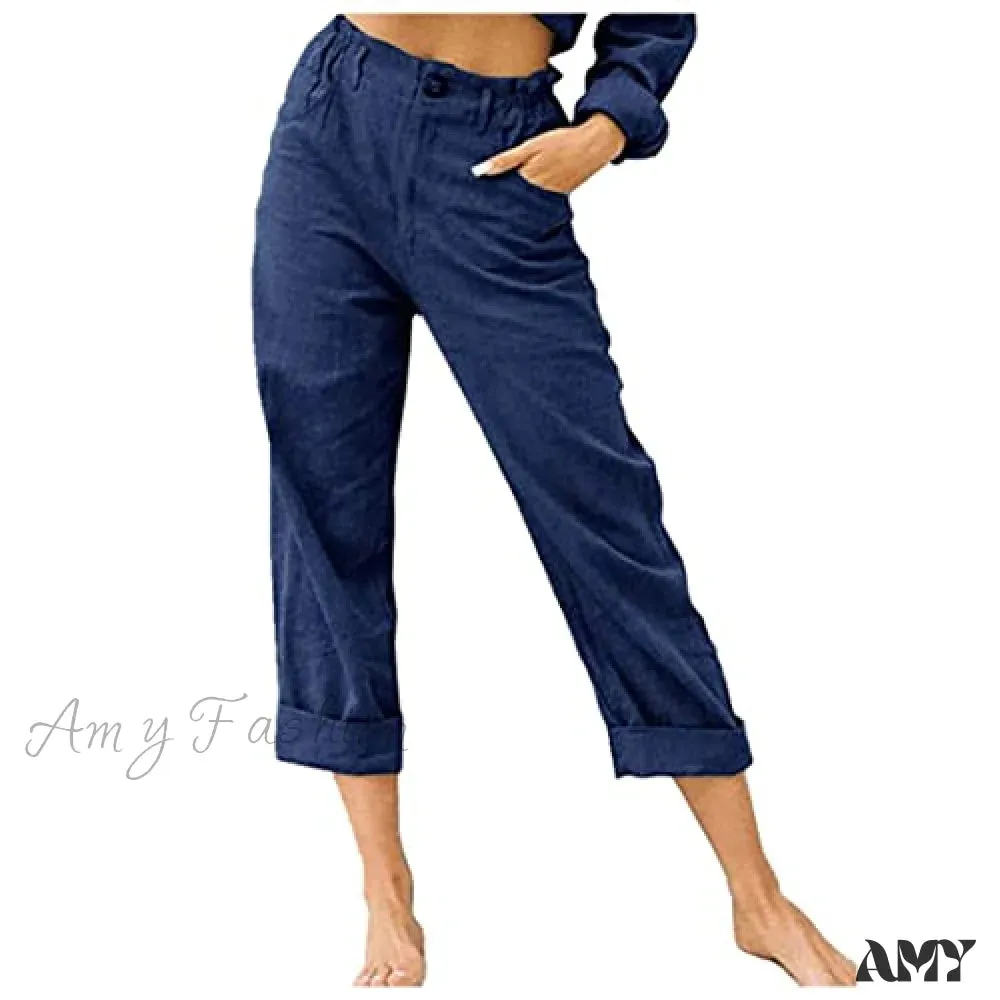 Amy Fashion - Linen Buttons Cropped Pants High Elastic Waist Stretch Capris