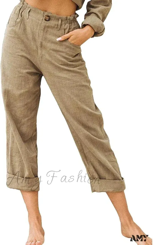 Amy Fashion - Linen Buttons Cropped Pants High Elastic Waist Stretch Capris