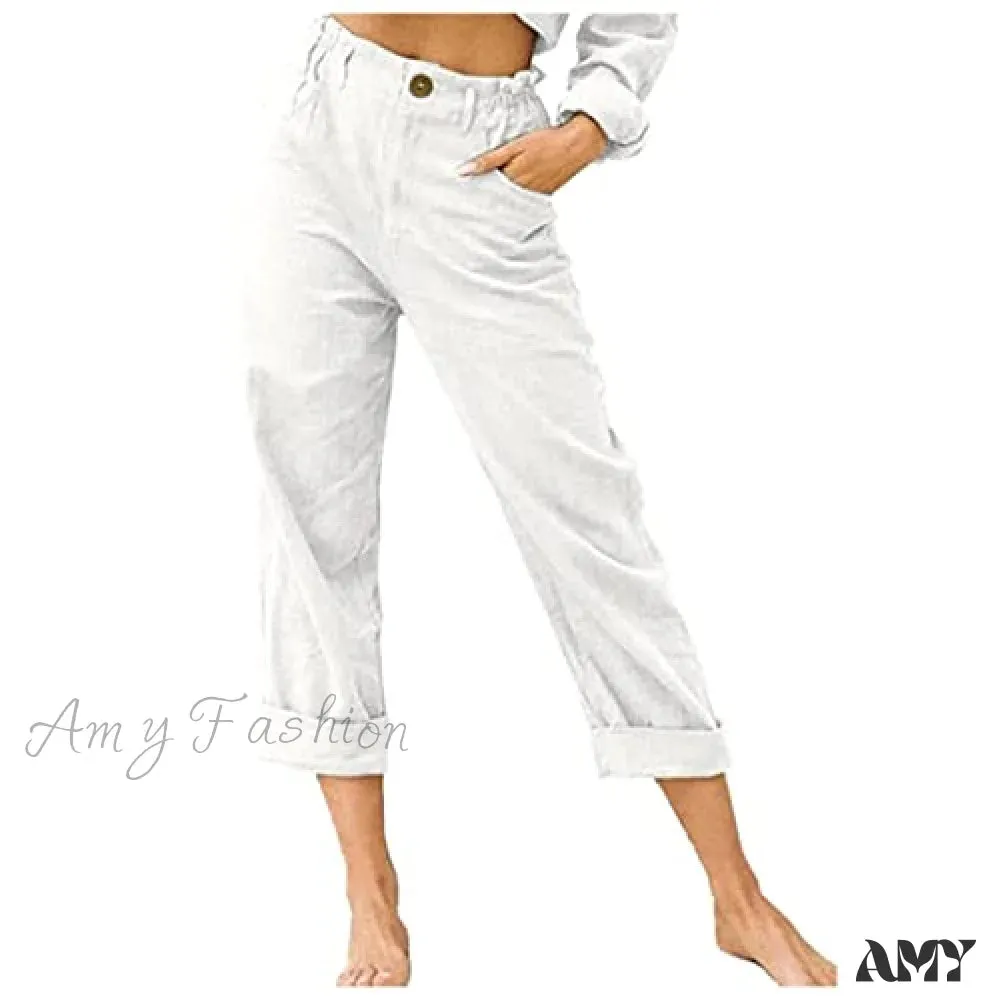 Amy Fashion - Linen Buttons Cropped Pants High Elastic Waist Stretch Capris