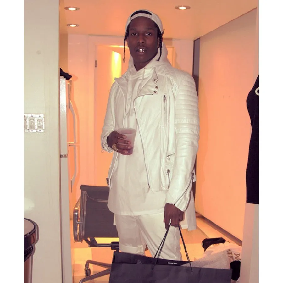 Asap Rocky White Leather Quilted Biker Jacket