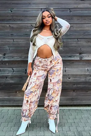 Beige Abstract Print Tie Hem Cargo Trousers - Britney