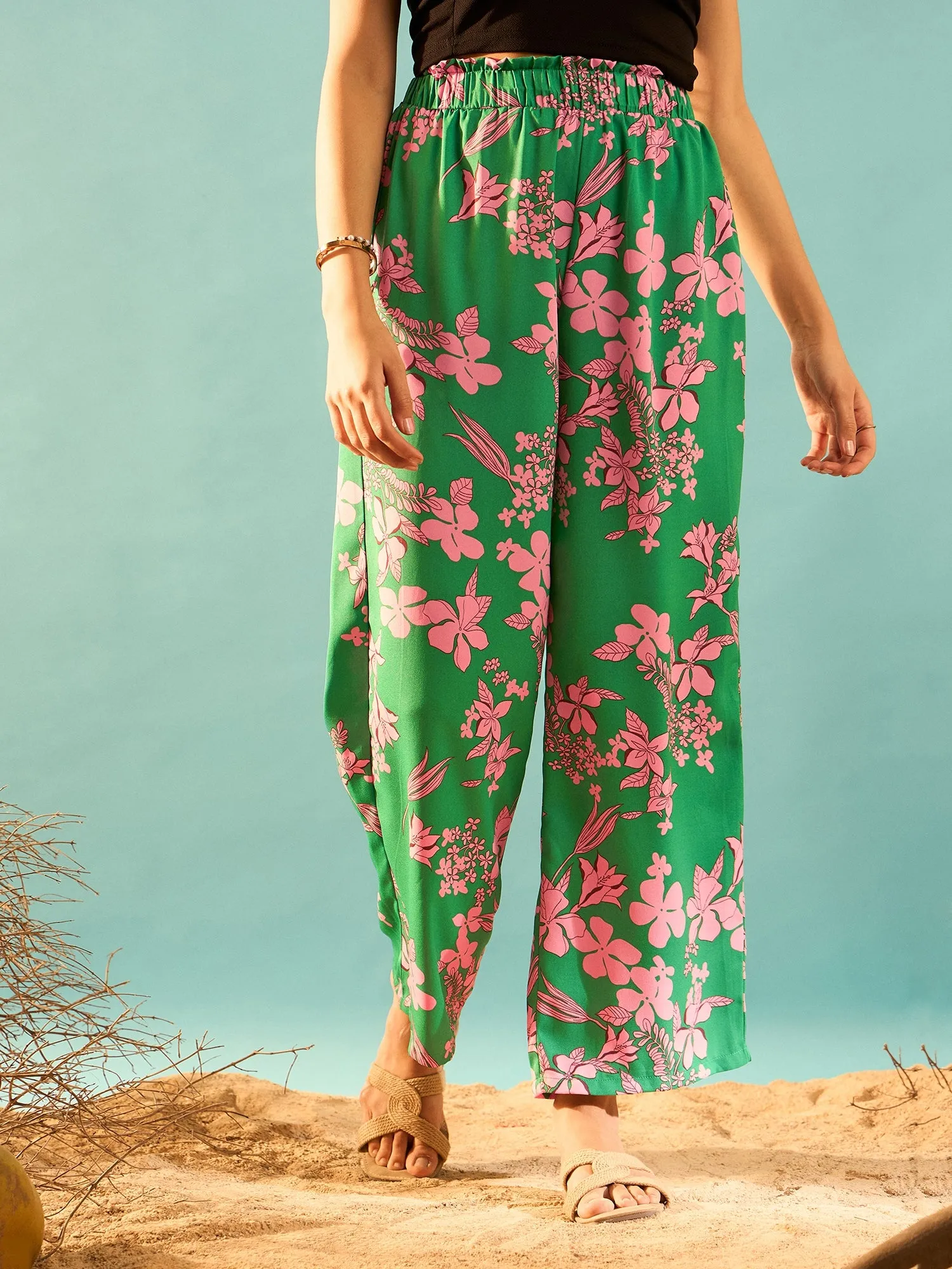 Berrylush Women Green & Pink Floral Printed High-Rise Elastic Waist Slip-On Regular Parallel Trousers