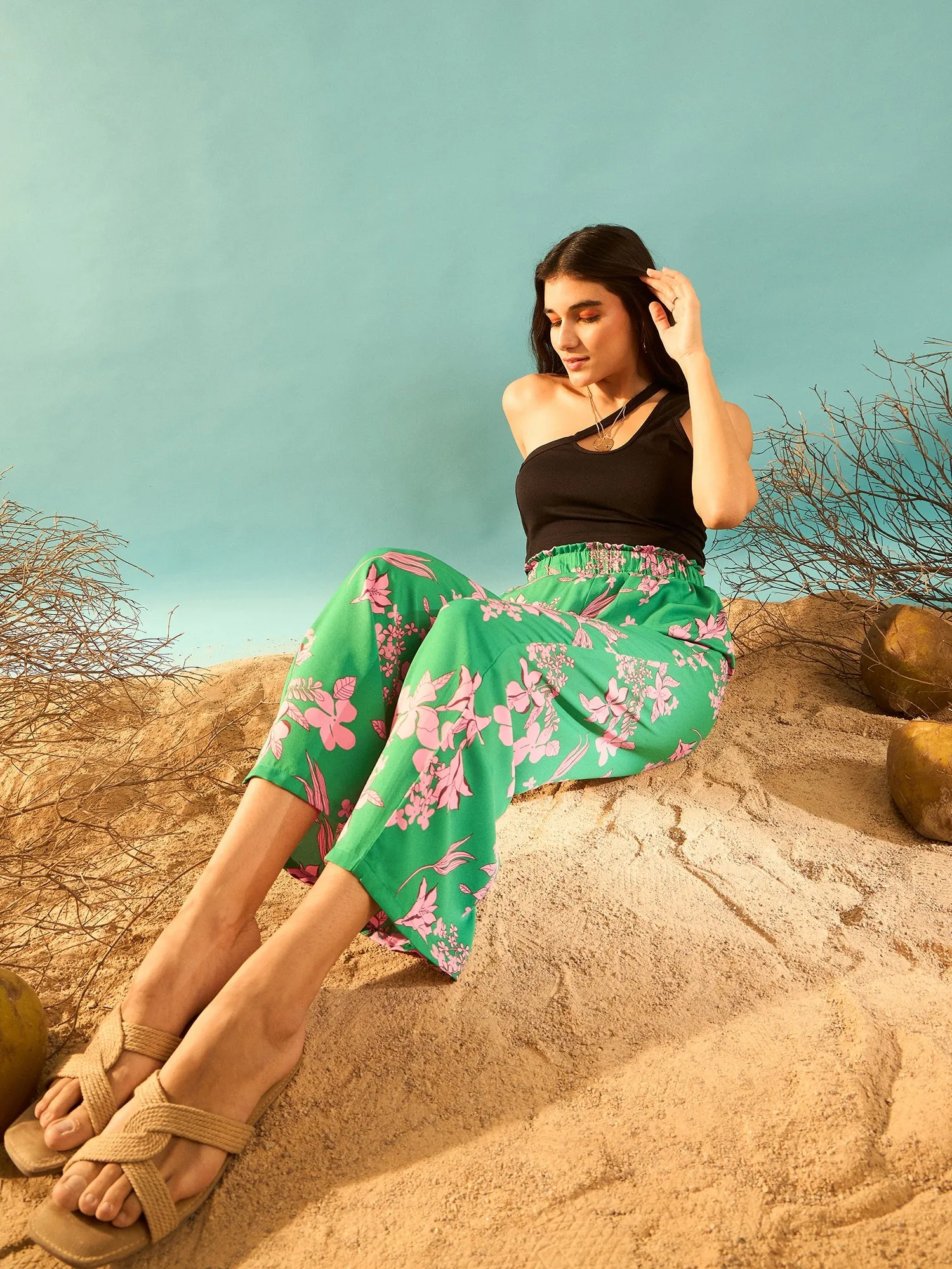 Berrylush Women Green & Pink Floral Printed High-Rise Elastic Waist Slip-On Regular Parallel Trousers