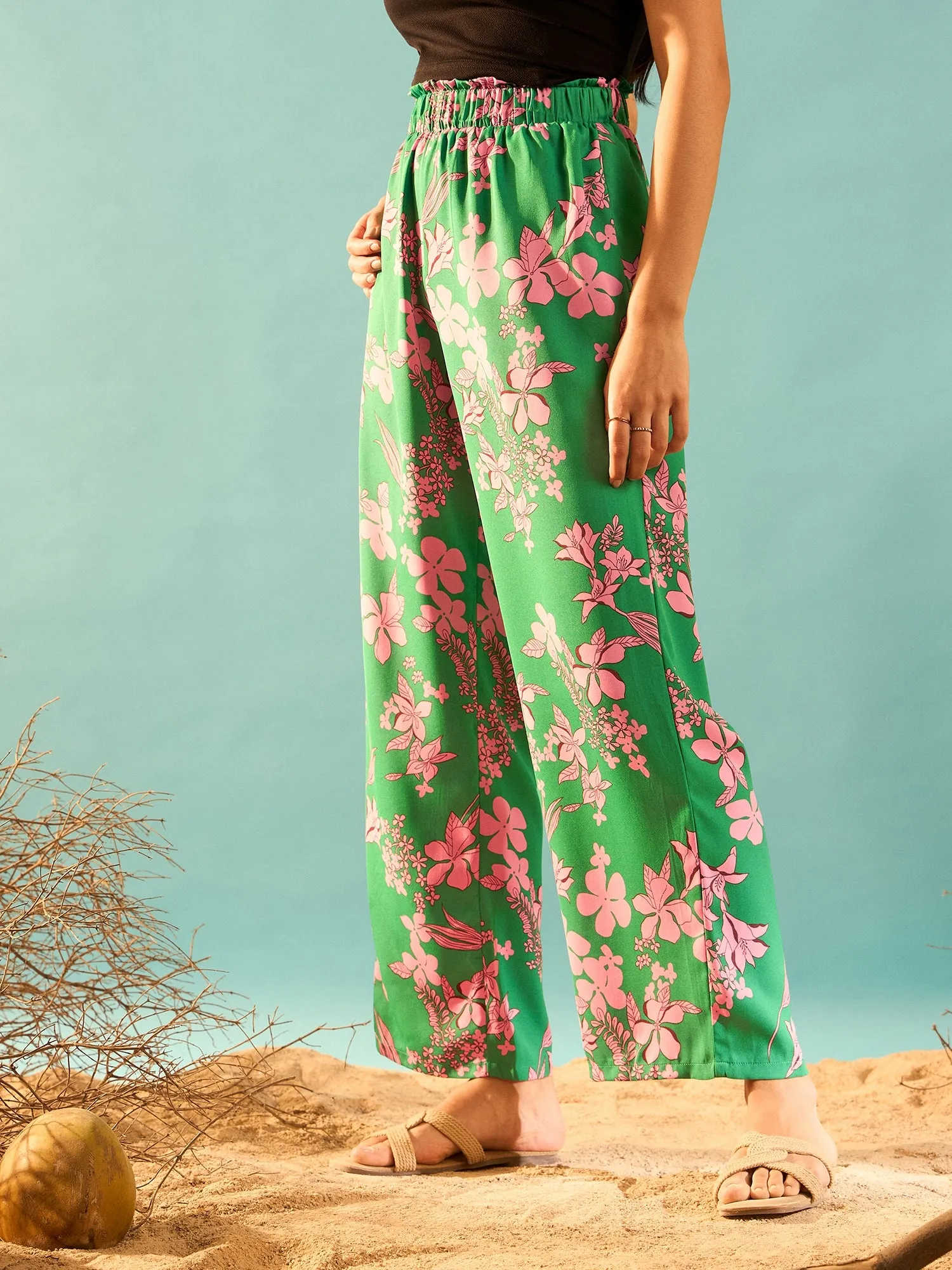 Berrylush Women Green & Pink Floral Printed High-Rise Elastic Waist Slip-On Regular Parallel Trousers