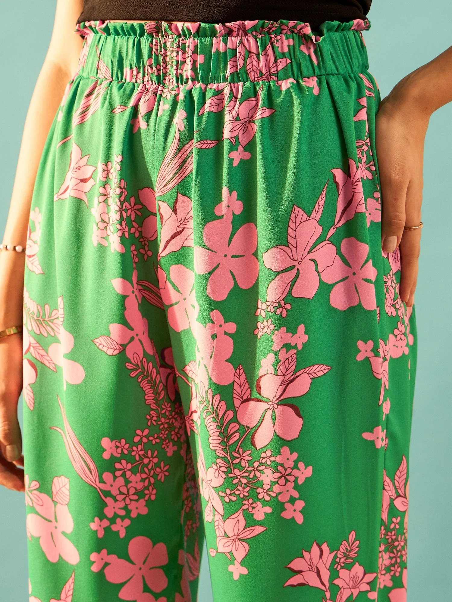 Berrylush Women Green & Pink Floral Printed High-Rise Elastic Waist Slip-On Regular Parallel Trousers