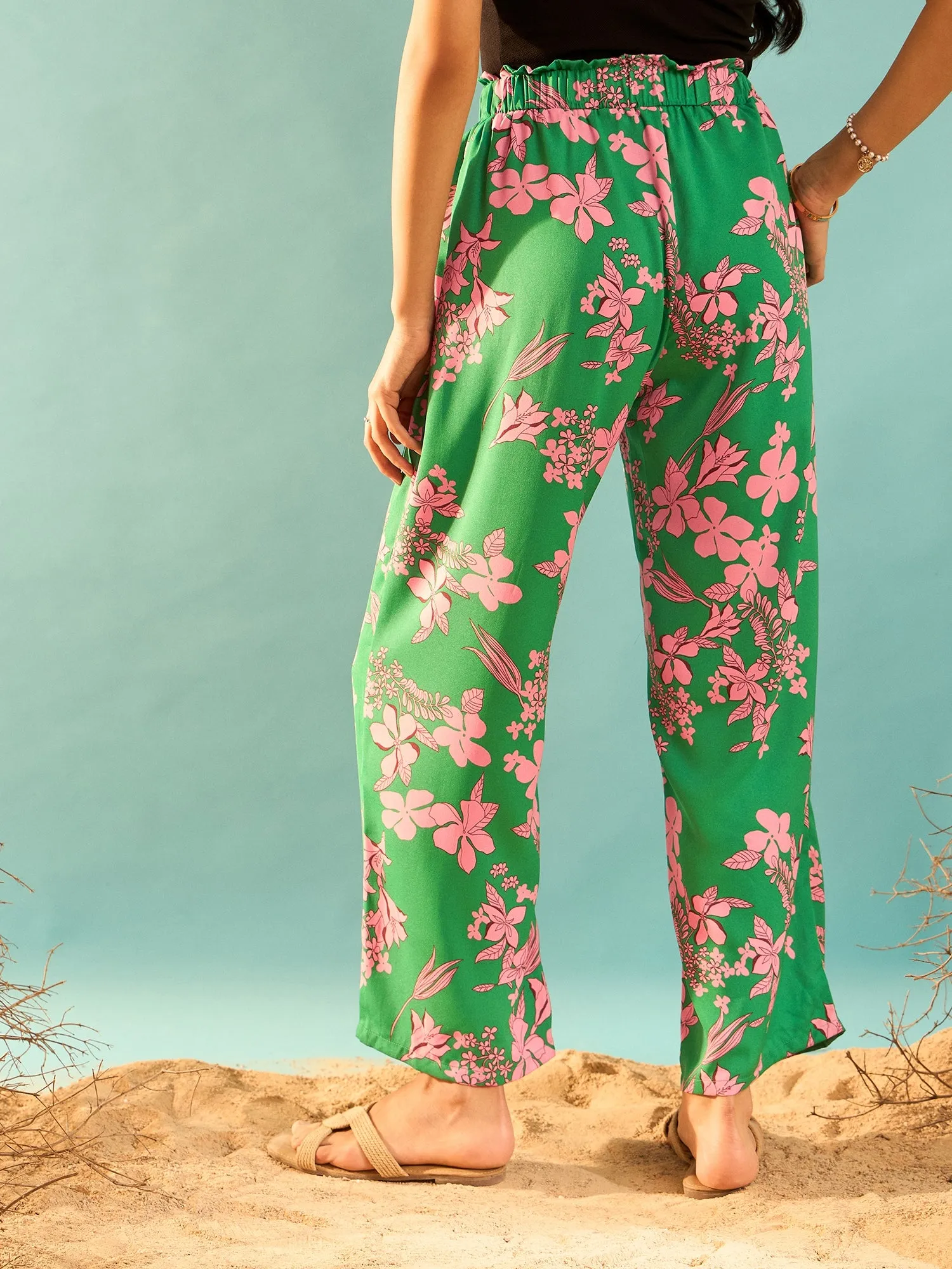 Berrylush Women Green & Pink Floral Printed High-Rise Elastic Waist Slip-On Regular Parallel Trousers