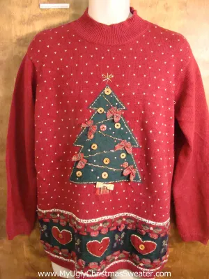 Best 80s Red Tacky Christmas Sweater with Buttons and Bows