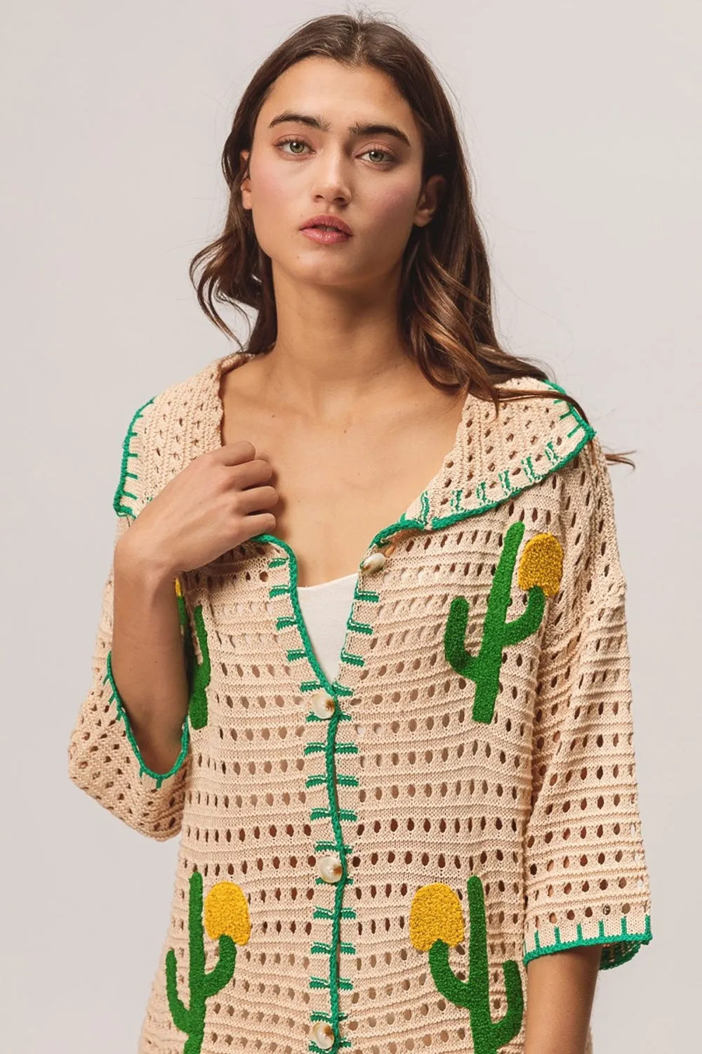 BiBi Edge Stitched Cactus Patch Sweater Cardigan