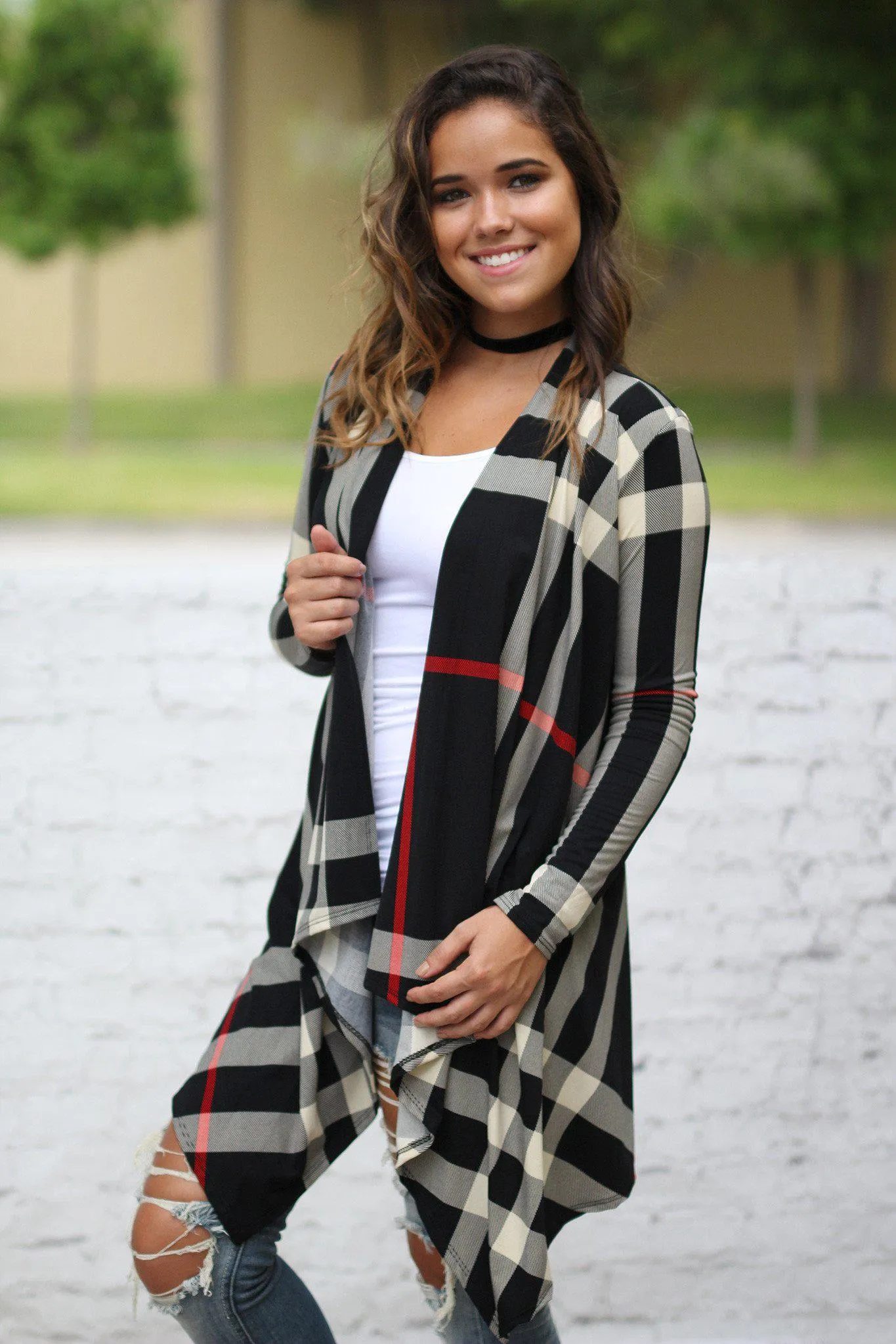 Black Check Print Cardigan