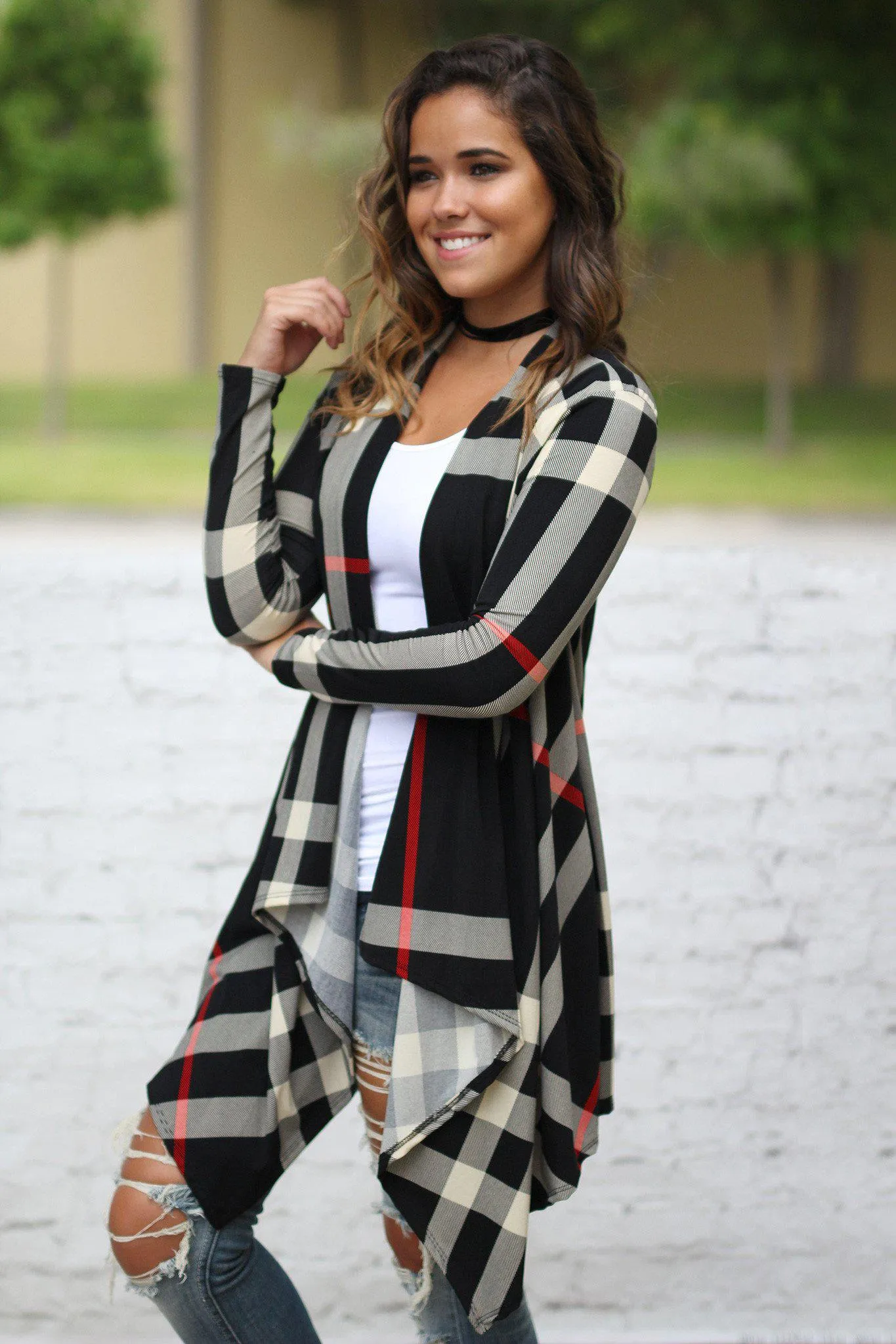 Black Check Print Cardigan